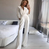 Elegant Long Sleeve Wide-Leg Jumpsuit with V-Neckline