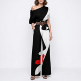 Women's One Shoulder Belted Jumpsuit - Draped Printed Design