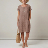 Women's Linen Mini Dress - Short Sleeve with Front Pockets
