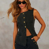 Sleeveless Denim Co-Ord Set with Wide-Leg Trousers