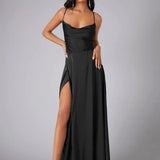 Satin Cowl Neck Maxi Dress with Side Slit