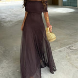 Off Shoulder Chiffon Maxi Dress with Flowing Skirt