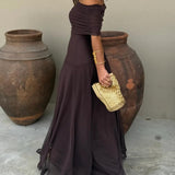 Off Shoulder Chiffon Maxi Dress with Flowing Skirt