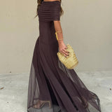 Off Shoulder Chiffon Maxi Dress with Flowing Skirt
