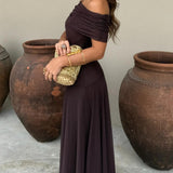 Off Shoulder Chiffon Maxi Dress with Flowing Skirt