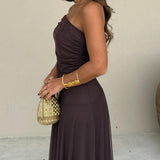 Off Shoulder Chiffon Maxi Dress with Flowing Skirt