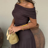 Off Shoulder Chiffon Maxi Dress with Flowing Skirt