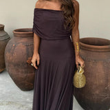 Off Shoulder Chiffon Maxi Dress with Flowing Skirt