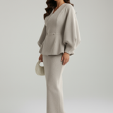 Kaizo Women's Skirt Suit Set – Puff Sleeve Blazer and Midi Skirt Co-ord