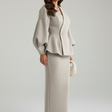 Kaizo Women's Skirt Suit Set – Puff Sleeve Blazer and Midi Skirt Co-ord