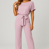 Wide Leg Short Sleeve Jumpsuit | Waist Tie | Boat Neck | Regular Fit