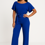 Wide Leg Short Sleeve Jumpsuit | Waist Tie | Boat Neck | Regular Fit