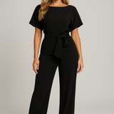 Wide Leg Short Sleeve Jumpsuit | Waist Tie | Boat Neck | Regular Fit