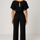 Wide Leg Short Sleeve Jumpsuit | Waist Tie | Boat Neck | Regular Fit
