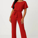 Wide Leg Short Sleeve Jumpsuit | Waist Tie | Boat Neck | Regular Fit