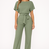 Wide Leg Short Sleeve Jumpsuit | Waist Tie | Boat Neck | Regular Fit