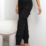 Women’s Black High-Waist Cargo Trousers - Smooth Weave Texture