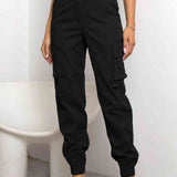 Women’s Black High-Waist Cargo Trousers - Smooth Weave Texture