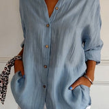 Women’s Button-Down Long Sleeve Blouse - Crinkled Linen Texture
