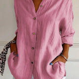 Women’s Button-Down Long Sleeve Blouse - Crinkled Linen Texture