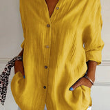 Women’s Button-Down Long Sleeve Blouse - Crinkled Linen Texture