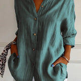 Women’s Button-Down Long Sleeve Blouse - Crinkled Linen Texture