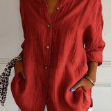 Women’s Button-Down Long Sleeve Blouse - Crinkled Linen Texture