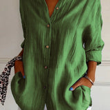Women’s Button-Down Long Sleeve Blouse - Crinkled Linen Texture
