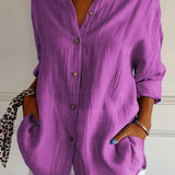 Women’s Button-Down Long Sleeve Blouse - Crinkled Linen Texture