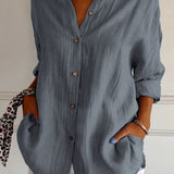 Women’s Button-Down Long Sleeve Blouse - Crinkled Linen Texture