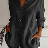 Women’s Button-Down Long Sleeve Blouse - Crinkled Linen Texture
