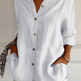 Women’s Button-Down Long Sleeve Blouse - Crinkled Linen Texture