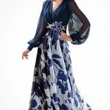 Women's Floral Maxi Dress Balloon Sleeve V Neck Wedding Guest