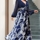 Women's Floral Maxi Dress Balloon Sleeve V Neck Wedding Guest