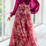Women's Floral Maxi Dress Balloon Sleeve V Neck Wedding Guest