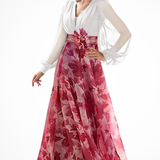 Women's Floral Maxi Dress Balloon Sleeve V Neck Wedding Guest