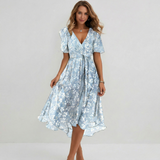 Women's Floral Print Wrap Midi Dress - Short Sleeve A-Line