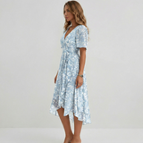Women's Floral Print Wrap Midi Dress - Short Sleeve A-Line