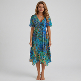 Women's Floral Print Wrap Midi Dress - Short Sleeve A-Line