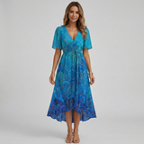 Women's Floral Print Wrap Midi Dress - Short Sleeve A-Line