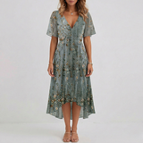 Women's Floral Print Wrap Midi Dress - Short Sleeve A-Line