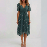 Women's Floral Print Wrap Midi Dress - Short Sleeve A-Line