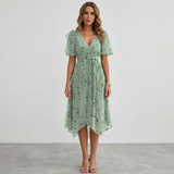 Women's Floral Print Wrap Midi Dress - Short Sleeve A-Line