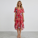 Women's Floral Print Wrap Midi Dress - Short Sleeve A-Line