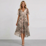 Women's Floral Print Wrap Midi Dress - Short Sleeve A-Line