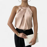 Kaizo Women's Halter Neck Sleeveless Beige Top - Pleated Wrap Front