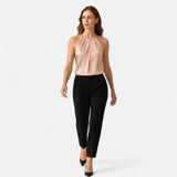 Kaizo Women's Halter Neck Sleeveless Beige Top - Pleated Wrap Front