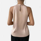 Kaizo Women's Halter Neck Sleeveless Beige Top - Pleated Wrap Front