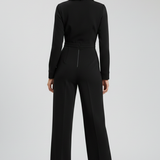 Women's Jumpsuit - Collared V-Neckline and Long Sleeve Wide Leg Detail