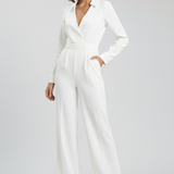 Women's Jumpsuit - Collared V-Neckline and Long Sleeve Wide Leg Detail